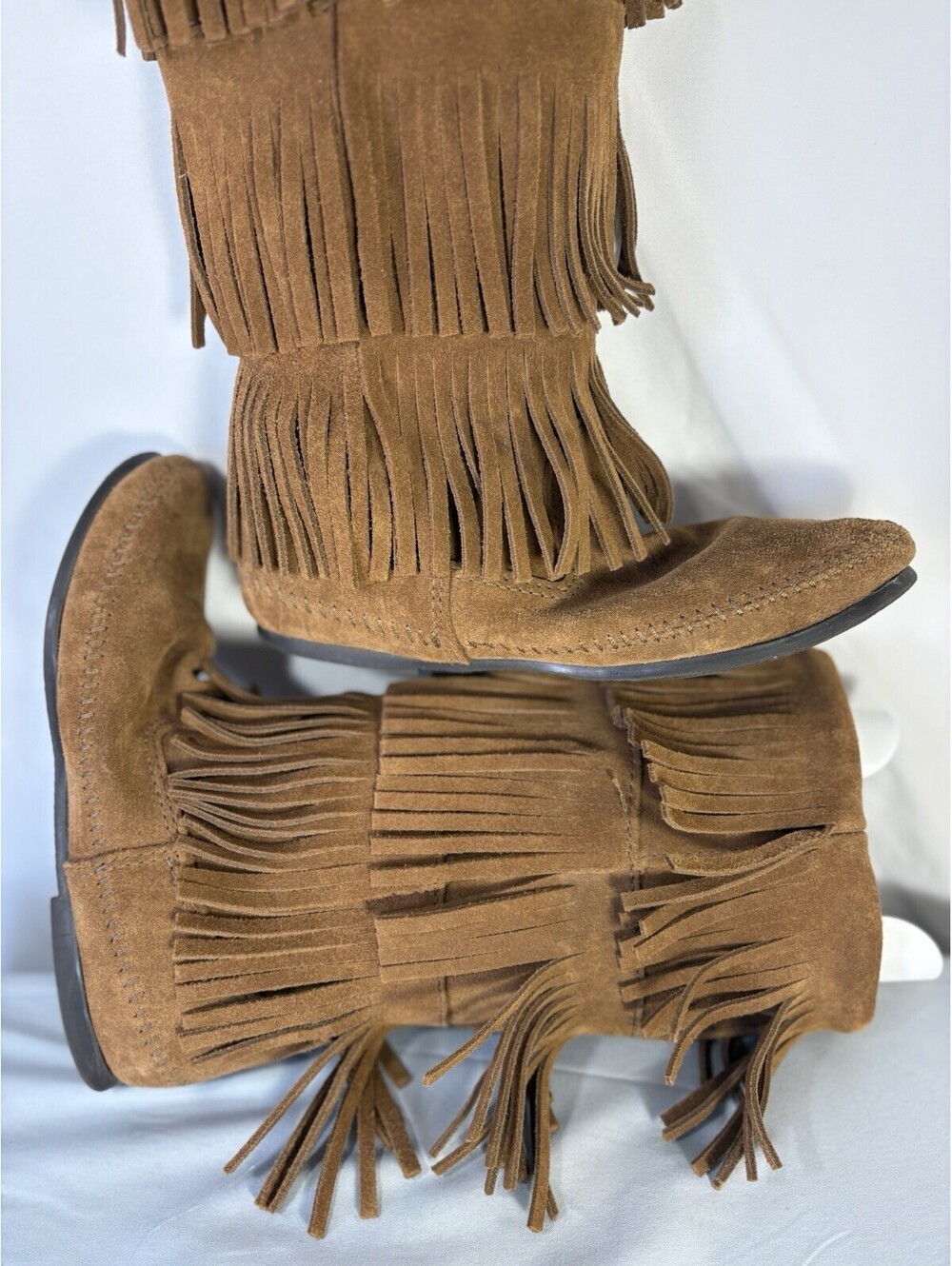 Minnetonka 1638 Triple Fringe Boots Womens 9 Brown Suede Moccasin Boho Western